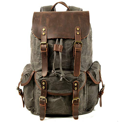 WUDON Leather Backpack for Men, Waxed Canvas Shoulder Rucksack Carry-On Travel Backpack - color: Grey-oversize