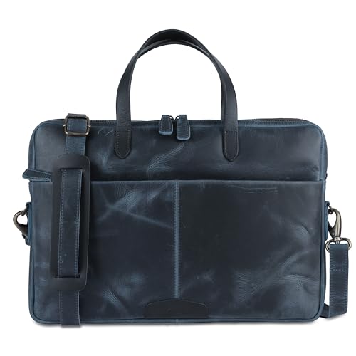 KomalC Leather Laptop Sleeve 15.5" with Trolley Strap, Fits up to 16" Laptop, Slim Office Bag with Shoulder Strap - color: Blue