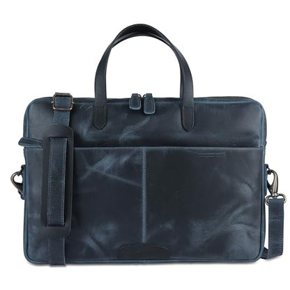 KomalC Leather Laptop Sleeve 15.5" with Trolley Strap, Fits up to 16" Laptop, Slim Office Bag with Shoulder Strap - color: Blue