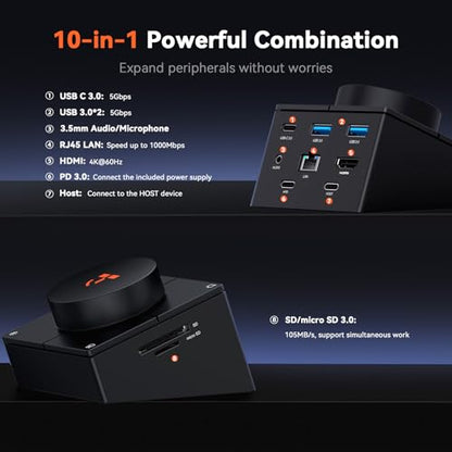 TobenONE 10-in-1 USB C Hub with Shortcut Keys, Volume Knob, 4K HDMI | 100W PD, 3 USB, Ethernet, Audio, SD/microSD, Laptop Dock for MacBook, Windows, Chrome, iPad