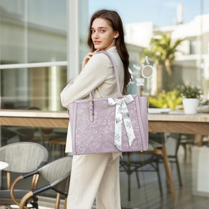 MOSISO Laptop Bag for Women, 15.6-16 inch PU Leather Tote Bag | Compatible with MacBook, HP,Dell,Asus, Front Embossed Retro Hibiscus Computer Bags with Silk Scarf&Clutch Purse, Dusty Lilac - color: Dusty Lilac, size: 16 inch