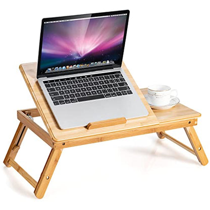 Tangkula Laptop Desk w/Heat-Dissipation Holes, Height Adjustable Bed Table | Folding Breakfast Serving Bed Tray, Tilting Top & Drawer, 100% Bamboo, Surfing Reading Writing Eating