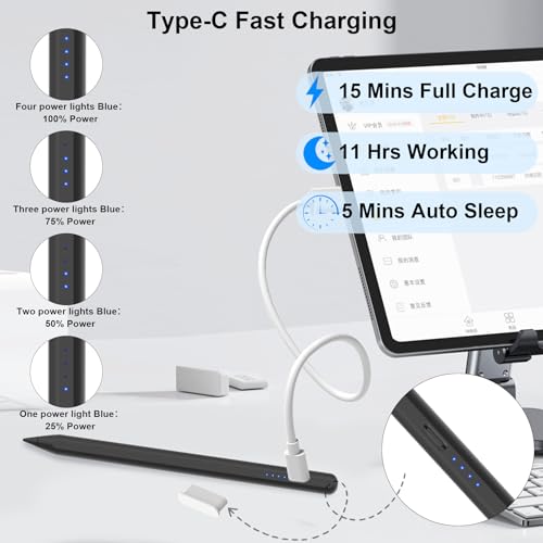 Stylus Pen for Apple iPad 2018-2026, USB C 15 Mins 2X Fast Charge Pencil 2nd Generation Compatible with iPad Pro 11"/12.9"/M4, Air 3/4/5/M2,Mini (A17 Pro) 7/6/5 Gen, iPad (A16) 11/10/9/8/7/6 Black - color: P03-Black