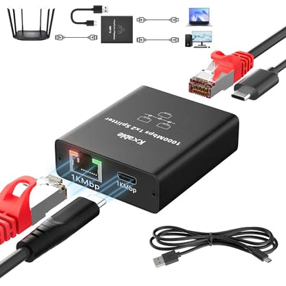 USB-C to 2x RJ45 Ethernet Splitter, Gigabit LAN Adapter, 1Gbps, for MacBook to Ethernet - style: Ethernet Splitter (RJ45+USB-C)