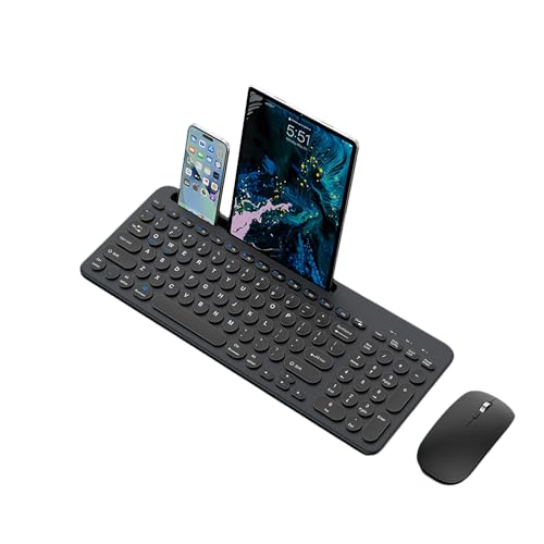 Wireless Keyboard and Mouse Combo with Phone Tablet Holder, Rechargeable Dual-Mode (Bluetooth 5.0 and 3.0 +2.4G) Multi-Device Silent Mouse for Windows, iPad, Tablet, MacOS,iOS,Android(Black) - color: Black