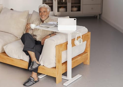 Claiks Mobile Standing Desk with Cup Holder Overbed Table 25.5" White | Cup Holder, Rolling Adjustable Desk, Hidden Wheels, Gas Spring Lift, Side Hook, Easy Assembly, Hospital Use - color: White
