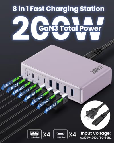 USB C Charger 200W USB C Charger Block,Upgraded GaN III 8-Port Fast Charging Station Hub,PD 65W Laptop Charging Adapter Compatible with MacBook Pro/Air,DELL,Steam Deck,iPhone 16/15/14,Galaxy S23/22 - color: Purple, size: 200W