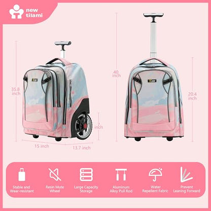 NEW TILAMI 20 Inch Rolling Backpack for School Stair-Climbing Big Wheel | Teen Boys Girls Carry-on Suitcase Large Organizer Compartment 15.6 Laptop Sleeve Adjustable Handle Roller Travel Bag College - color: Pink Dawn