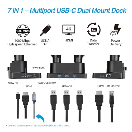 AVLT Laptop & Monitor Arm Desk Mount for 17-38" Screens, USB-C Dock - Black | Supports flat/curved screens up to 22 lbs each. 12-17" laptop tray, 7-in-1 USB-C dock, HDMI 4K60, Ethernet and 100W PD - color: Black