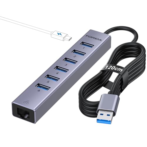 FORIDA Aluminum USB to Ethernet Adapter with 7-Port USB Hub – 3.9ft Long Cable, Gigabit Ethernet Port, 5V/3A Power Port | USB Extender Compatible with Windows, macOS, Linux & More - color: Space Gray