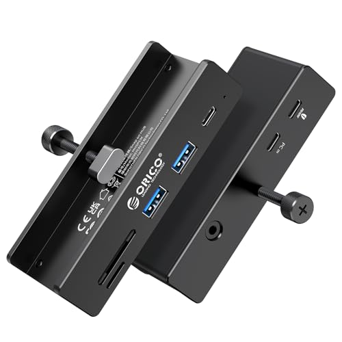 ORICO USB Hub 3.2, USB-Hub Clamp with Type-C PD 60W Port, 10Gbps Aluminum 6-Port USB Extender with 2 USB-A 3.2 Ports, USB-C 3.2, SD/TF Card Reader 3.0, AUX, USB-3.2 Splitter for Monitor, Desk - color: Black