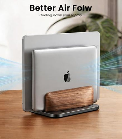 LOXP Vertical Laptop Stand, Dual Slot Wooden + Aluminum Laptop Holder | Desktop Adjustable MacBook Stand, Adjustable Base, for MacBook Pro/Air, (up to 17.3-inch All laptops) - color: Classic Black