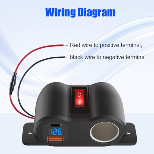 2-in-1 Surface Mount 12V USB Outlet Cigarette Lighter Socket, PD 30W and QC18W Car USB Port Car Charger with Button Switch LED Voltmeter and 120W Socket, Suitable for Cars, Boats, RVs and ATVs