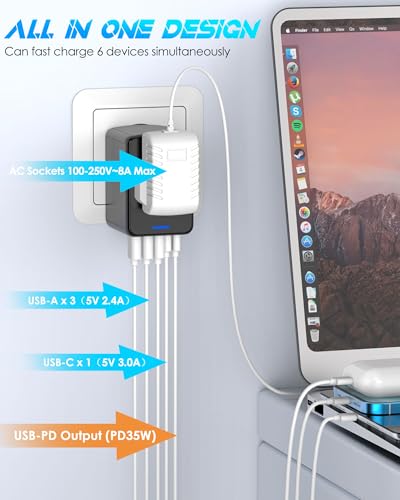Universal Travel Adapter, 35W PD Fast Charging, for Europe UK US AU | 2 USB C 3 USB A & 2500W AC Outlet, International Power Adapter for 200+ Countries, Compatible with iPhone, MacBook,Tablet - color: PD35W-3A2C-black+silver