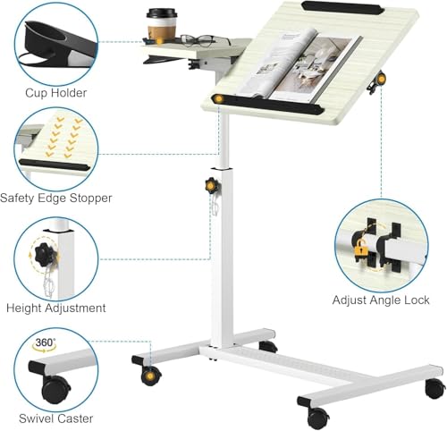 Panta Rolling Laptop Stand, Adjustable, Maple | Dual tilting desktops, cup holder, mobile overbed table, for couch/office/home/hospital - color: Maple