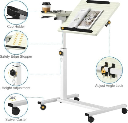 Panta Rolling Laptop Stand, Adjustable, Maple | Dual tilting desktops, cup holder, mobile overbed table, for couch/office/home/hospital - color: Maple