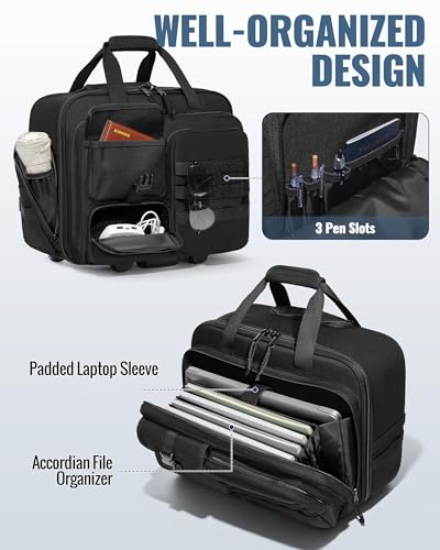 Rolling Tactical Messenger Bag, 17.3 Inch Briefcase with Wheels | A Padded Laptop Sleeve, Accordion File Organizer, Opens 180° Flat, Wheeled Military Laptop Bag for Work Commute Flight