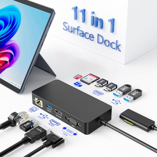 Surface Docking Station with Power Adapter, 11-in-1 Surface Dock, Dual Monitor 4K HDMI & VGA, Ethernet, USB Hub, SD/TF Card Reader for Surface Pro/Laptop/Book (HDMI + VGA)