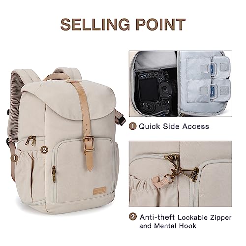 BAGSMART Camera Backpack DSLR Camera Bag Backpacks for Photographers | Waterproof Anti-Theft Photography Backpack with 15 Inch Laptop Compartment - color: A-ivory White[single Buckle]