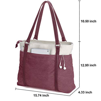 Laptop Tote Bag for Women, 15.6 Inch Work Bag with Laptop Compartment and Zipper, Canvas Computer Tote for Teacher - color: Burgundy