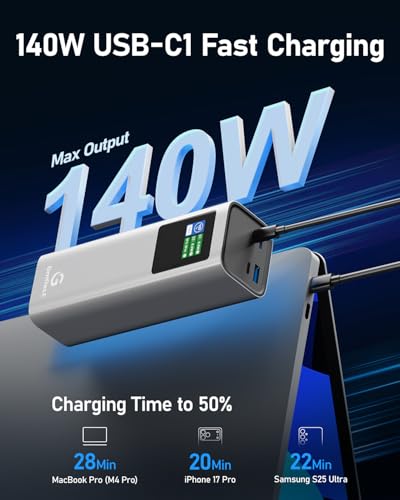 27000mAh Power Bank, 140W Laptop Portable Charger with PD 3.1 Fast Charging, Smart Sisplay, 99Wh Battery Bank for MacBook Pro/Air, iPad Pro, iPhone17/16 Series, Samsung and More(Silver Gray) - color: Silver Gray