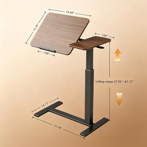 Haotian Overbed Table with Wheels, Adjustable Height Bedside Table with Tilting Desktop, Rolling Laptop Table with Side Shelf, Walnut and Black Mobile Desk for Bed, Sofa, Home Office - color: Walnut Brown and Black