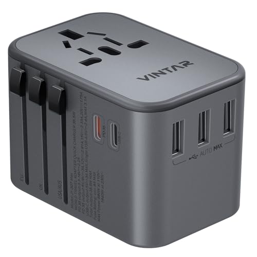 Universal Travel Adapter, VINTAR 35.5W International Power Adapter with 3 USB A QC and 2 USB C PD, All in One Plug Adapter Worldwide Travel Essentials for EU/UK/USA/AUS(Type C/G/A/I), Silver - color: 35.5W Silver