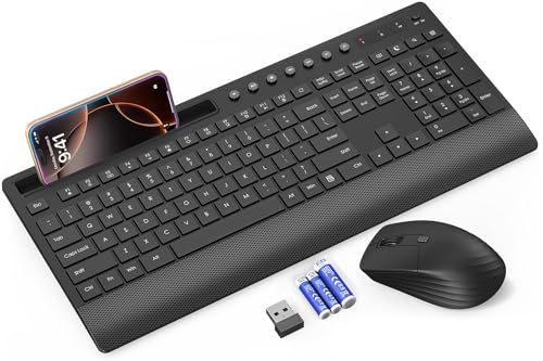 Trueque KM31 Wireless Keyboard and Mouse Combo - Full-Size Quiet Typing with Palm Rest, Phone Holder, Multimedia Keys, Power Switch, Batteries Included, Compatible with Windows, Chrome OS, PC, Laptop - color: Black