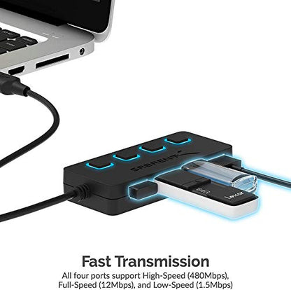SABRENT 4-Port USB 2.0 Data Hub, LED Power Switches (HB-UMLS) | Individual LED-lit power switches; data only (charging not supported); for Mac & PC - size: USB-A 4-Port