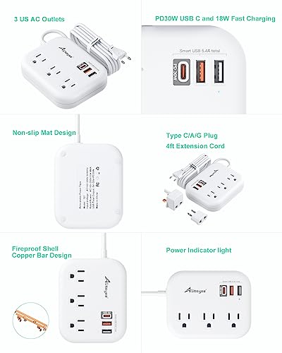 Alitayee PD30W USB C Travel Power Strip,European Travel Plug Adapter C/G/A | PD30W Fast Charger,3 USB,3 Outlets,4ft Extension Cord,International Plug Adapter,UK,Italy Spain France Germany Travel Cruise - style: PD30W-4FT-EU/UK/US Plug