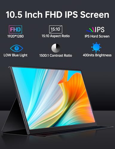 Small Portable Monitor 10.5" 400 Nits 15:10 FHD 1280P IPS Screen, Ultra-Slim Mini Monitor w/Smart Cover & Speaker, USB C HDMI HDR Portable Gaming Monitor, Travel Monitors for Laptop PCs