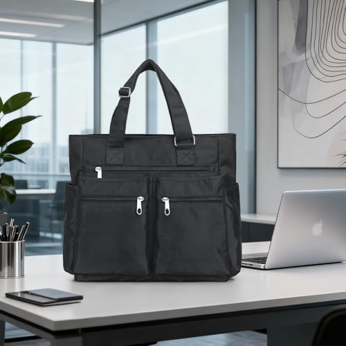 VOLGANIK ROCK Canvas Tote Bag Waterproof Nylon Multi Pocket Shoulder Bags Laptop Work Bag Teacher Purse Handbag for Women Men - color: Black