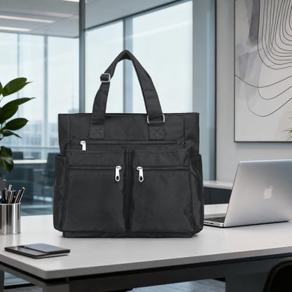 VOLGANIK ROCK Canvas Tote Bag Waterproof Nylon Multi Pocket Shoulder Bags Laptop Work Bag Teacher Purse Handbag for Women Men - color: Black