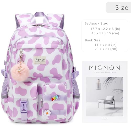 abshoo School Backpack for Girls Bookbag with Lunch Bag Teen Girls School Bag Travel Daypack (Cow Print Purple) - color: Cow Print Purple