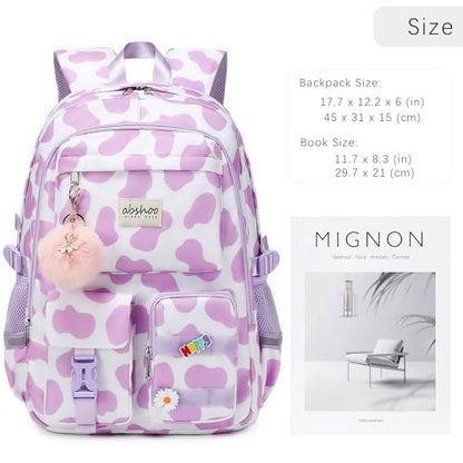 abshoo School Backpack for Girls Bookbag with Lunch Bag Teen Girls School Bag Travel Daypack (Cow Print Purple) - color: Cow Print Purple