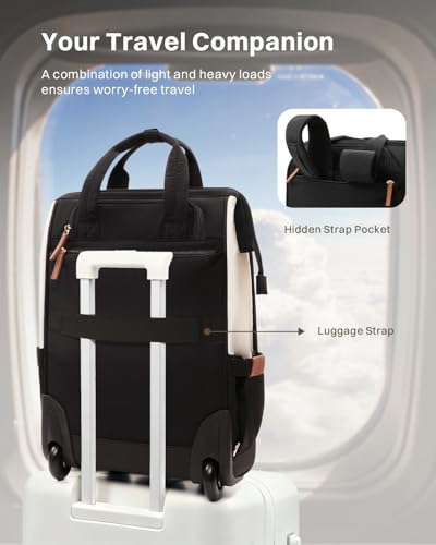 Rolling Puffer Backpack for Women, Wheeled Laptop Backpack, Short-Term Travel Backpack with Wheels, Roller Adults Work Computer Bag, Water Resistant Overnight College Underseat Carry on Luggage, Brown - color: Brown