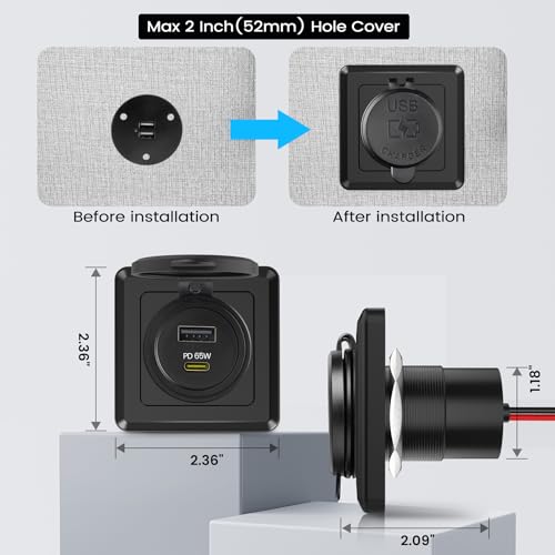 RV Dual USB Outlet, 65W PD 3.0 USB-C & 18W USB-A Charging Station, 12V USB Power Port for Laptops Tablets Drones, Aluminum Car Charger w/Black Bezel for Boat Camper Van Trailer - color: A+C/1 PACK