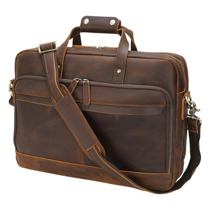 Masa Kawa Leather Briefcase for Men 15.6" 17" Laptop Business Messenger Bag | Computer Sleeve, Travel Luggage Strap, Professional Office Work Lawyer Crossbody Shoulder Attache Case - color: Brown- Fits 17.3 Inch Laptop