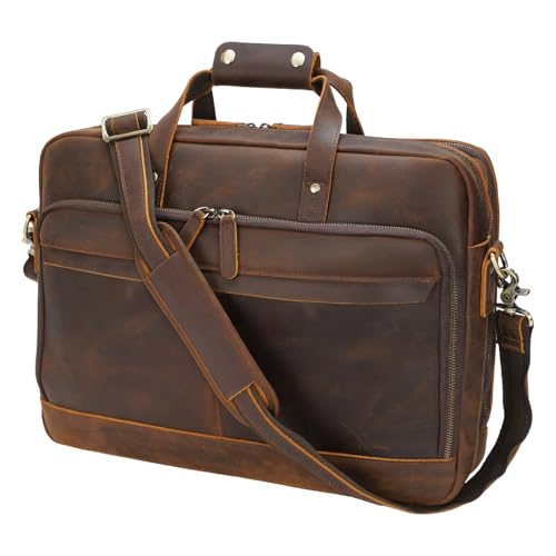 Masa Kawa Leather Briefcase for Men 15.6" 17" Laptop Business Messenger Bag | Computer Sleeve, Travel Luggage Strap, Professional Office Work Lawyer Crossbody Shoulder Attache Case - color: Brown- Fits 17.3 Inch Laptop