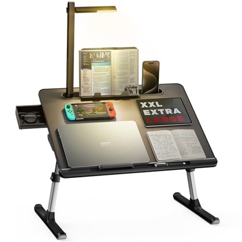 Laptop Bed Tray Desk with LED Desk Light, SAIJI Laptop Stand for Bed | XX-Large PVC Leather Foldable Table with Book Stand,Wrist Rest, Extra Leg Room(Black) - color: Black