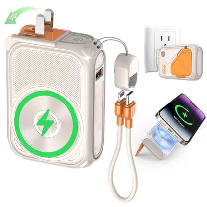 SEANCHEER P05 Portable Charger, Magnetic Power Bank, Small Wireless PowerBank, Battery Pack10000mAh Travel Essentials Fast Charging with Built in Cable, Foldable Wall Plug for iPhone,Samsung,Andriod - color: Cream Yellow