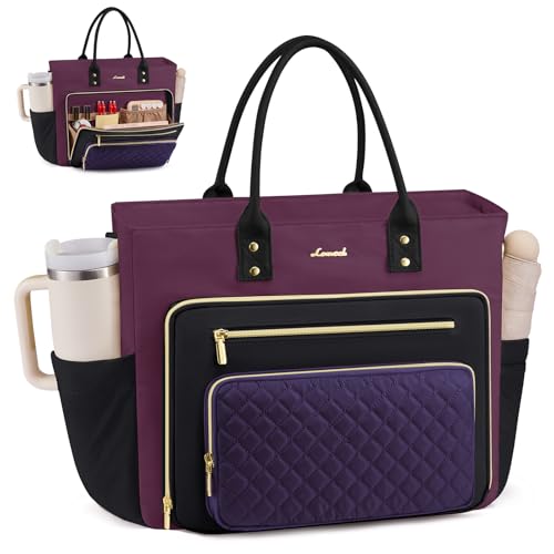 LOVEVOOK Teacher Tote Bag for Women Work, Nurse Bags With Large Cup Holder Laptop Bag With Laptop Compartment, Professional Computer Briefcase Business Purses, Mother Gift, 15.6 Inch - color: Eggplant Purple-blue Purple-black, size: 15.6 Inch