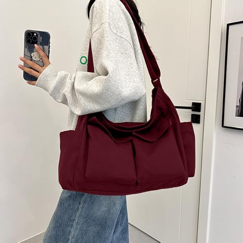 Canvas Messenger Bag Large Crossbody Bag with Multiple Pockets Canvas Shoulder Tote Bag for Women and Men - color: Red