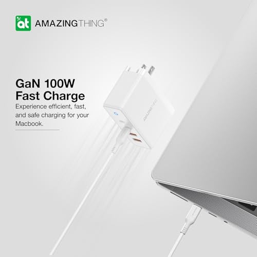 100W GaN Wall Charger with 2 Type C and 2 USB A Ports, Fast USB C Charger Block, Compact Charging Power Adapter for MacBook Pro/Air/iPad/iPhone/Samsung/Dell/Laptop/Tablet, with Foldable Plug, White
