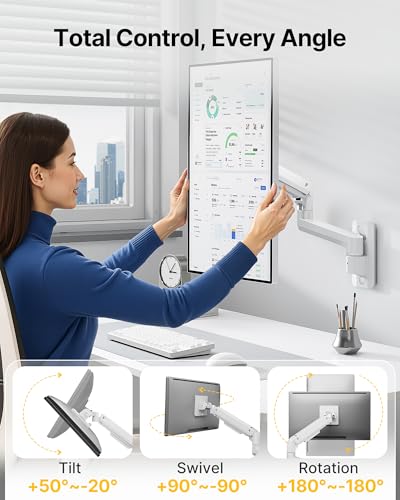 monTEK Ultra Wide Wall Mount Monitor Arm for 17-49 Inch Screens, Heavy Duty Single Monitor Mount up to 44 lbs, Fully Adjustable Gas Spring Wall Mount, 75x75/100x100 VESA Mount, White - color: White