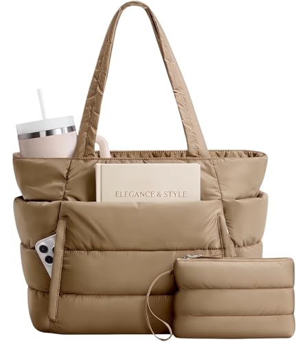 Puffer Tote Bag for Women, Nurse, Large Quilted Shoulder Bag with Cup Holder & Laptop Compartment for Work, Travel, Gym - color: Brown