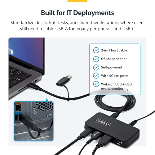 StarTech 4-Port USB-C & USB-A Hub, 5Gbps, 36W, NA (311NA-USB-HUB) | 1x USB-C, 3x USB-A with 1x BC 1.2, Self-powered 36W adapter, 15W USB-C PD plus 7.5W BC 1.2 charging, MacBook Windows