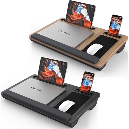 Lap Desk 2-Pack - Up to 17” Laptop with Wrist Rest, Portable Handle, 2 Self-Adhesive PVC Mouse Pads, Tablet & Phone Slots, Laptop Stand for Bed with Cushion