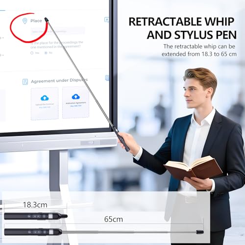 N21 Bluetooth Presentation Clicker for PowerPoint with Retractable Pointer | ①Red laser ②Telescopic touch pen ③Countdown timer, vibration alert ④Customizable Button ⑤Rechargeable;battery level display - color: Black - Red Pointer