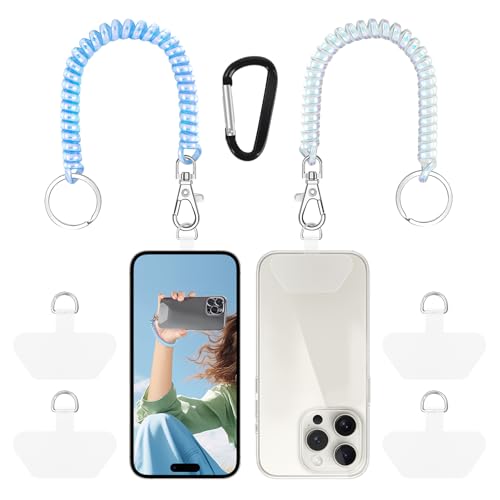 Doormoon Phone Lanyard Leash with 4 Patch, 2* Phone Tether, 4* Phone Tether Tab, 1* Carabiner for Climbing Outdoor Hiking Cycling Skiing Compatible for Smartphones Keys, PearlWhite; PearlBlue - color: Pearlwhite and Pearlblue - 2 Pack